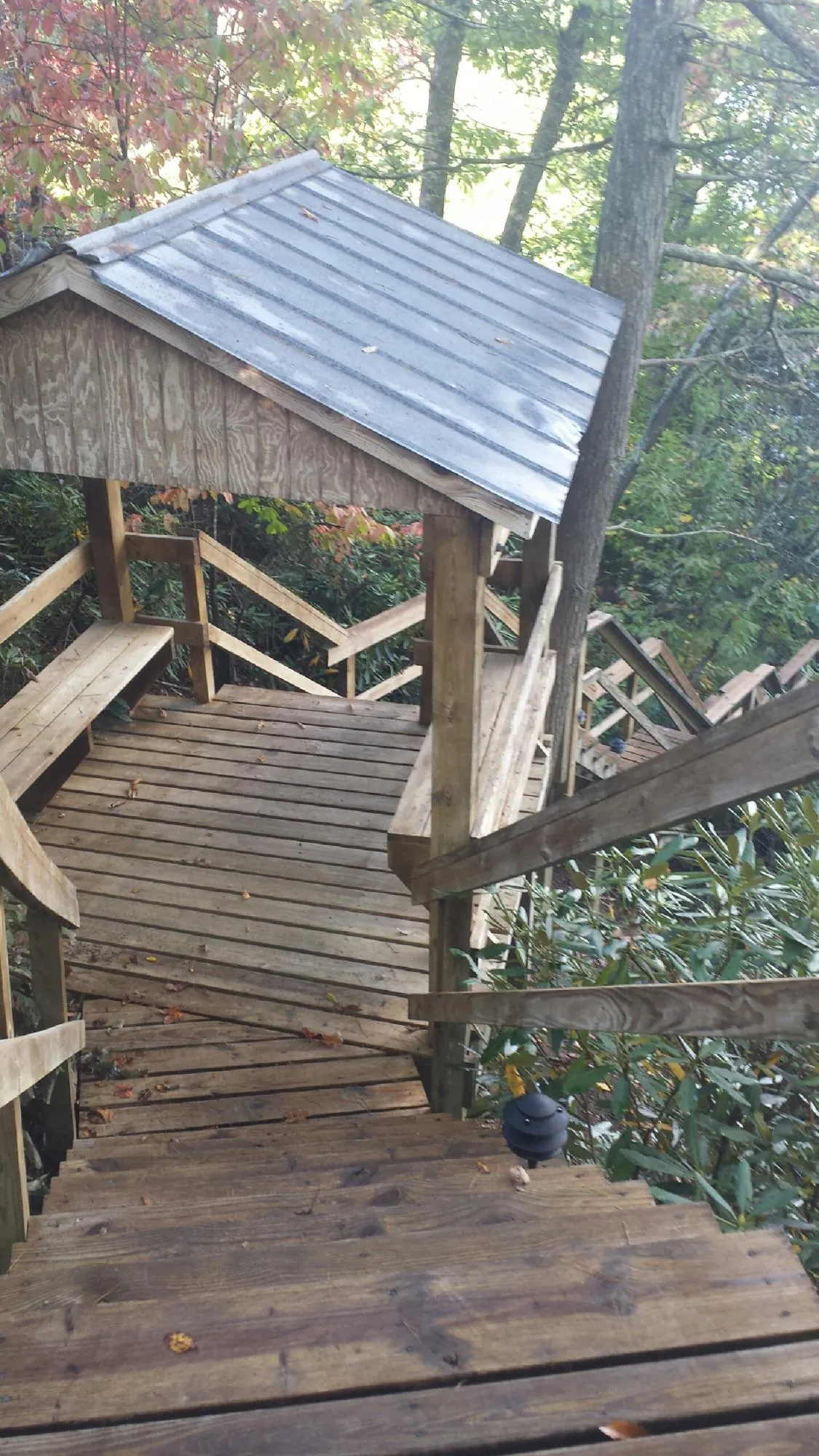 Metal roofed shelter over wooden steps on a wooded walkway — Skylight Repair & Installation work by our crew in Latah